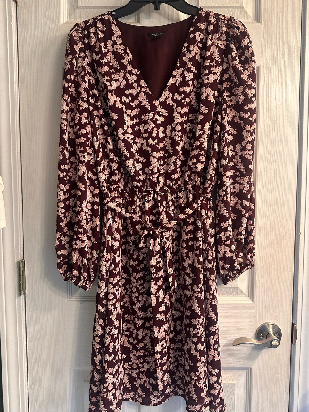 Ann Taylor Factory Burgundy Floral Long-Sleeve Wrap Dress